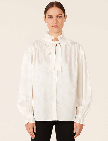 Ladies Floral Ruffle Stand Collar Tie Front Button Blouse