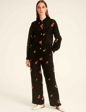 Ladies Embroidery Turndown Collar Wide Leg Top & Pants Set