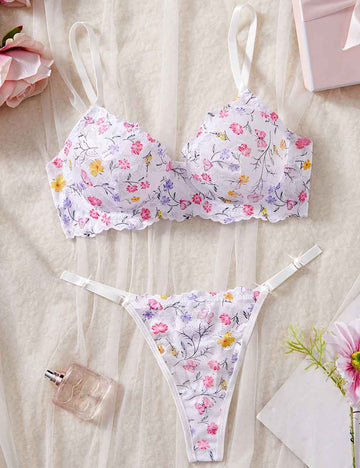 Ladies Cute Sheer Mesh Lace Floral Print Thong Lingerie Set