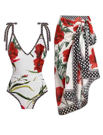 Ladies V-Neck String Tie Floral Print Swimwear with Salong