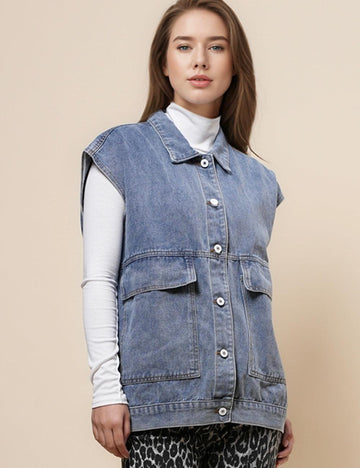 Ladies Turndown Collar Sleeveless Denim Vest SKT4957