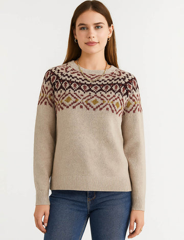 Ladies Geometric Jacquard Pullover Long Sleeves Sweater