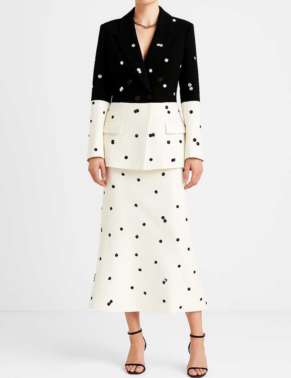 Ladies Sequin Notched Lapel Blazer & Maxi Skirt 2PCS Suit