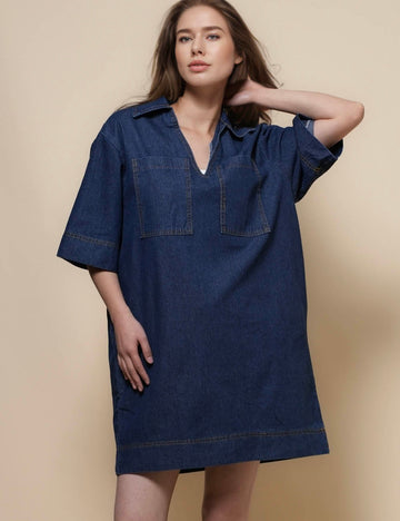 Ladies Turndown Collar Pockets Denim Mini Dress SKD50108