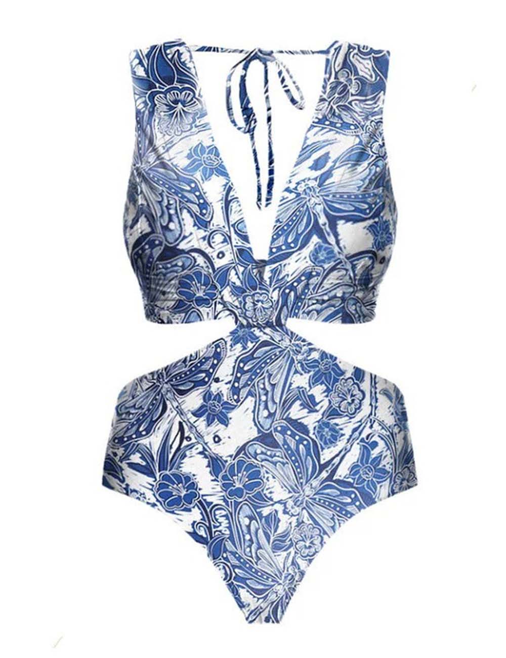 Ladies V-Neck Back Open One Piece Swimwear with Salong