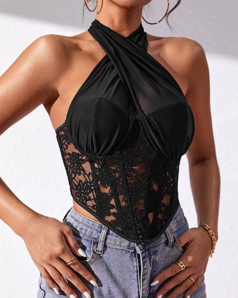 Cross Neck Solid Color Crop Top Corset Bra K029 - SWEETKAMA