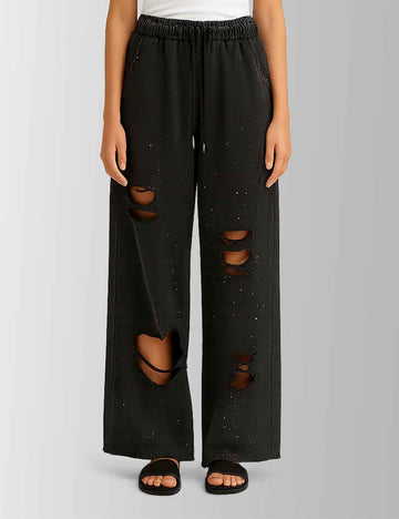 Ladies Rhinestone Elastic Waist Wide Leg Ripped Pants