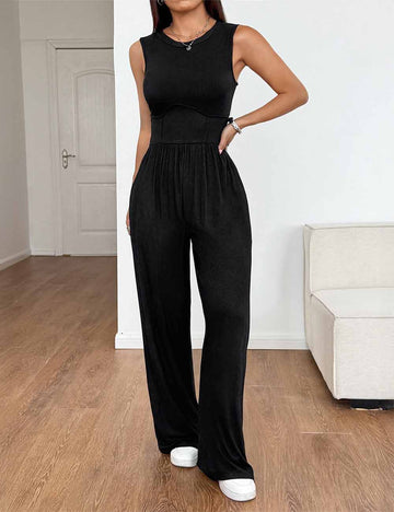 Ladies Solid Color Round Neck Sleeveless Pocket Wide Leg Jumpsuit