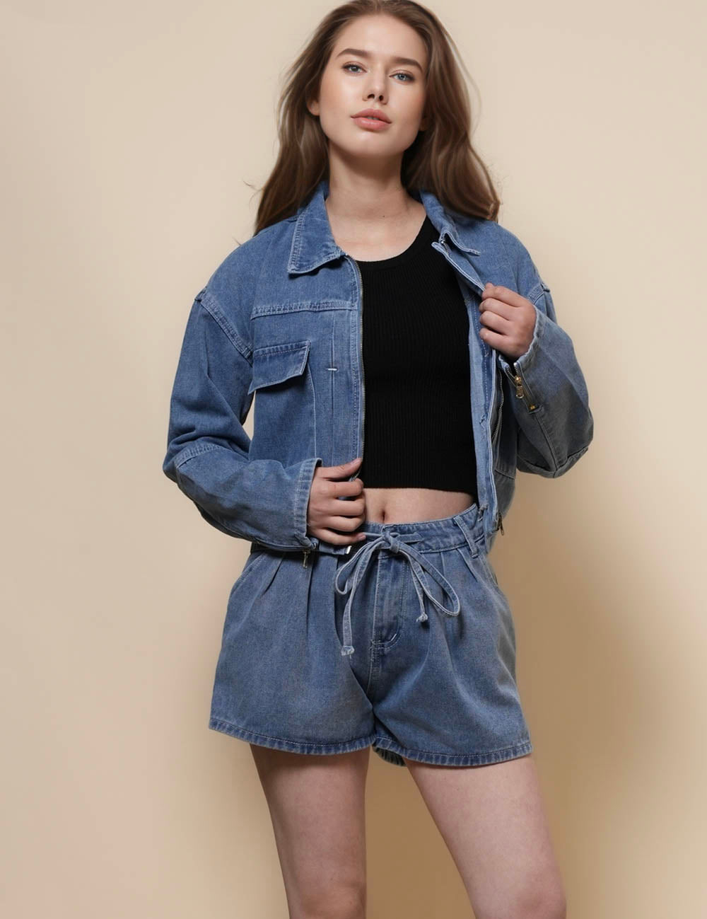 Ladies Long Sleeves Top & Shorts Denim Set SKST50098