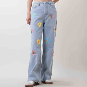 Ladies Floral Print Button Wide Leg Denim Pants