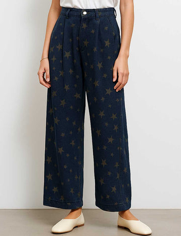 Ladies Color Block Star Print Straight Leg Denim Pants