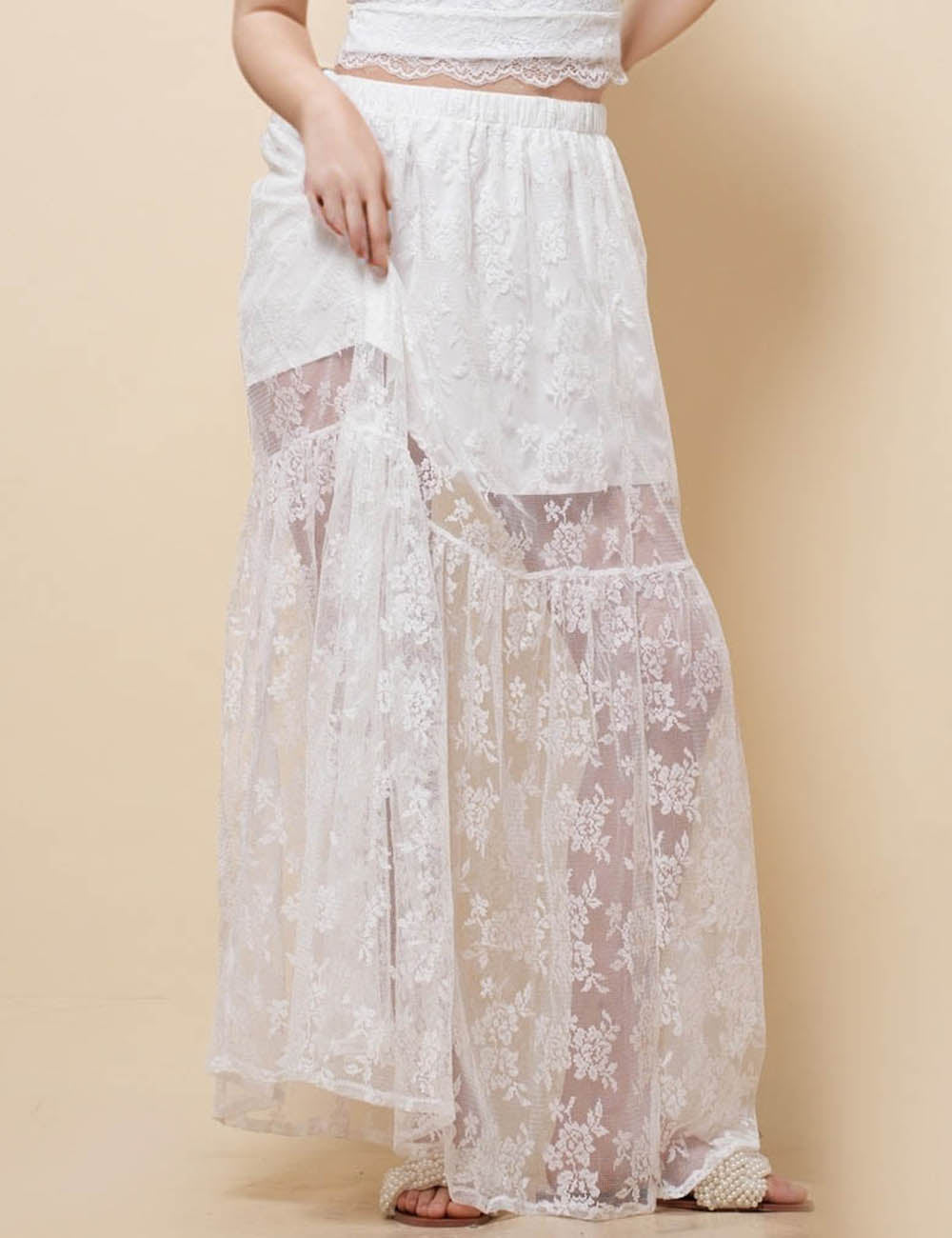 Ladies Floral Lace Half See Sheer Midi Skirt SKS41319
