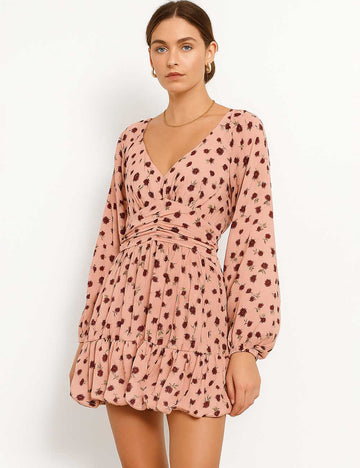 Women Tiny Floral V-Neck Long Sleeves Mini Dress