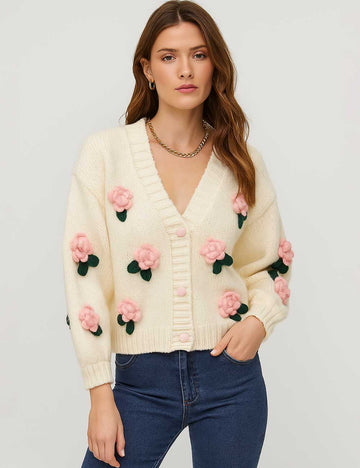 Ladies V-Neck Flower Button Closure Long Sleeves Cardigan