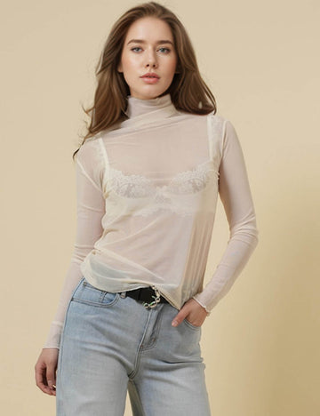 Ladies High Collar Long Sleeves Mesh Layring Top SKT41338