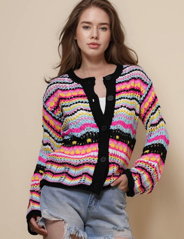 Ladies Multi Color Striped Knit Hollow Out Cardigan SKT50159