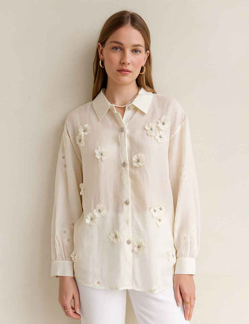 Ladies Embroidery Sheer 3D Flower Beading Turndown Collar Blouse