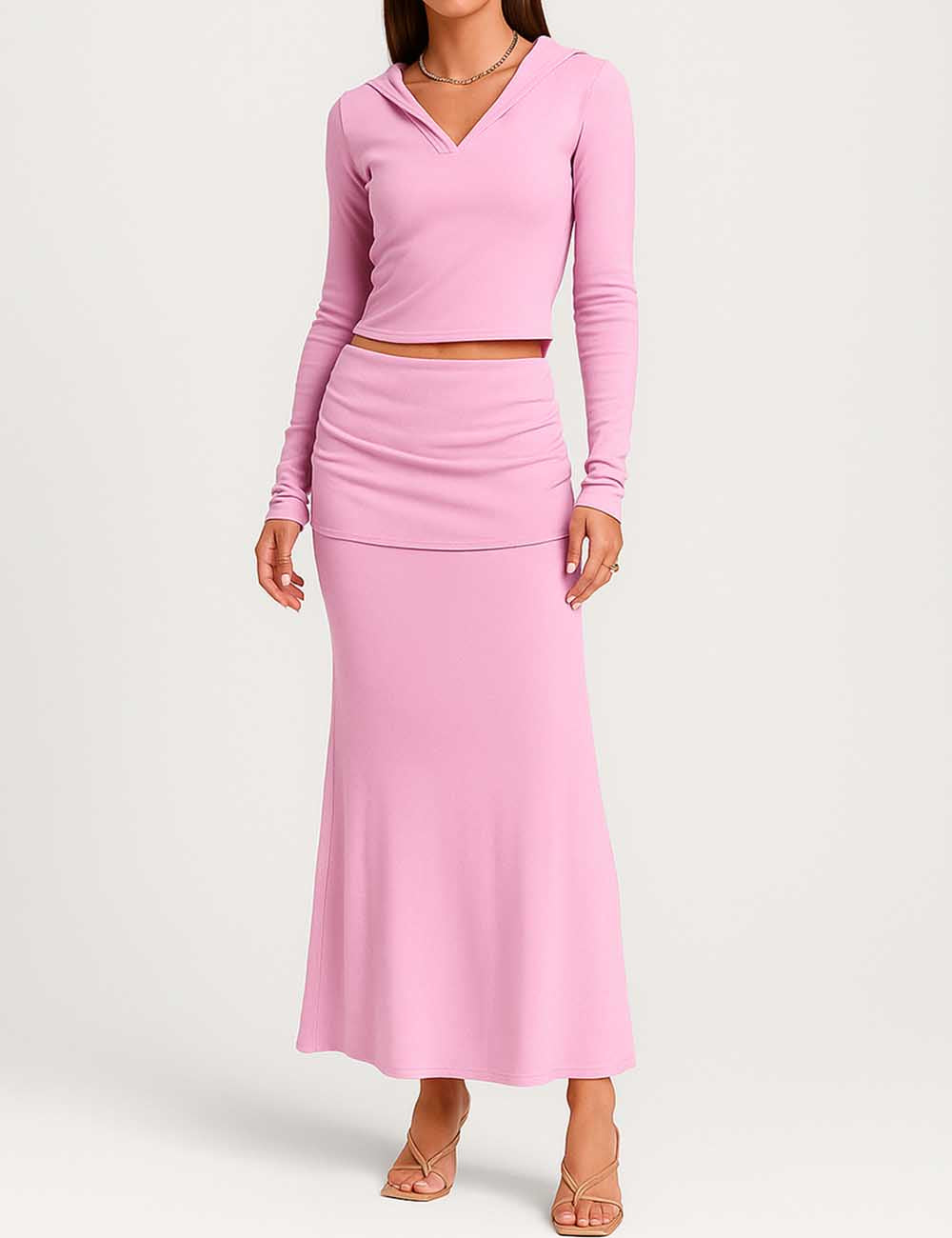 Ladies V-Neck Hoodied Ruched Cropped Top & Maxi Skirt Set