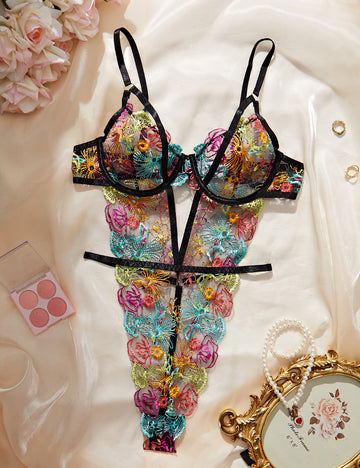 Ladies Rose Embroidery see Through Lingerie Teddy SKLG4163