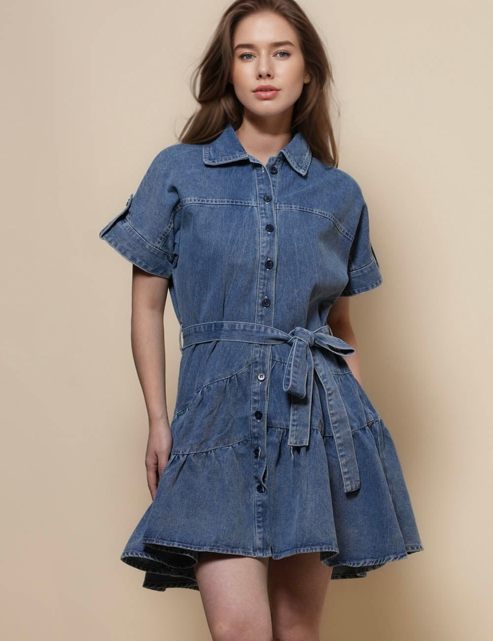 Ladies Short Sleeves Denim Mini Dress SKD50094