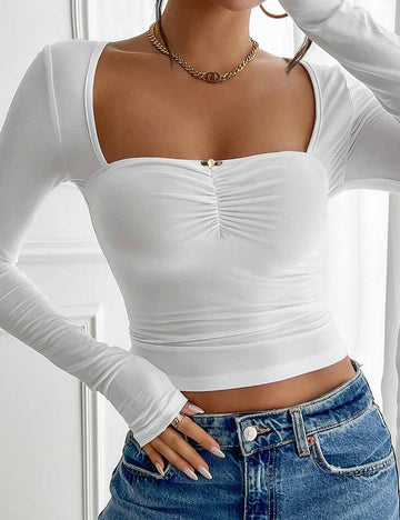 Ladies Solid Color Square Neck Long Sleeves Cropped LayeringTop