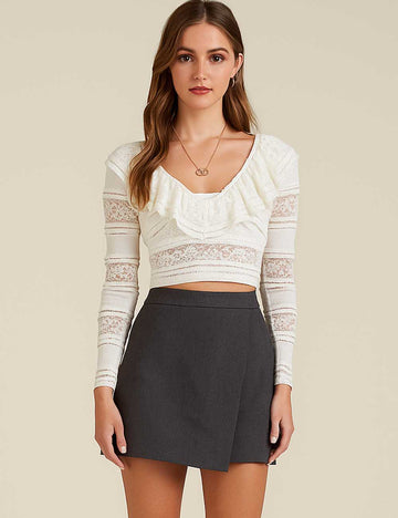 SKTKX18 Ladies Ruffle V-Neck Long Sleeve Lace Top