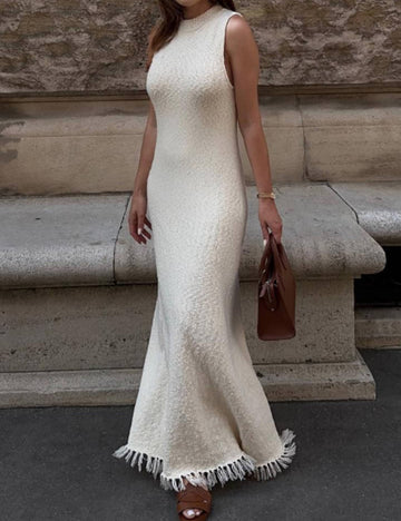 Ladies Sleeveless Tassels Hem Sweater Midi Dress SKD41067