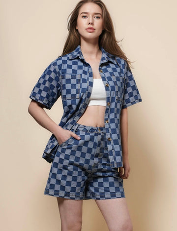Ladies Argyle Top Shorts 2PCS Denim Set SKST50093