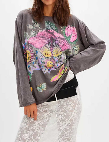 Ladies Pullover Floral Print Distressed Long Sleeves Tee