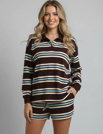 Ladies Striped Polo Collar Wide Leg Sweatshirt & Shorts Set