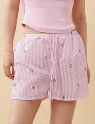 Ladies Bowknot Striped Print Elastic Waist Drawstring Shorts