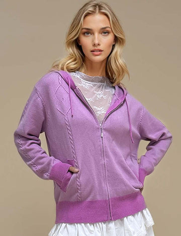 Ladies Solid Color Hoodie Cardigan Zipper Pocket Sweater Coat