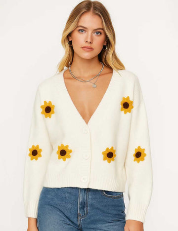 Ladies V-Neck Sunflower Pattern Button Knit Cardigan