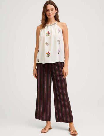 Ladies Flower Jacquared Halter Sleeveless Striped Top & Pants Set