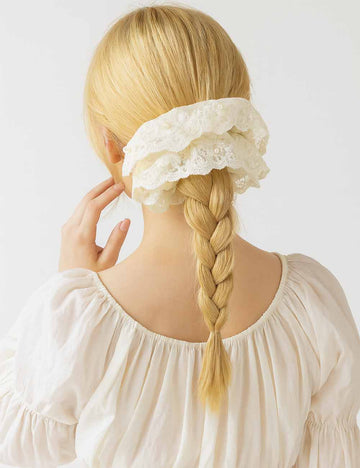 Ladies Sweet Pearl Lace Mesh Floral Hair Tie Scrunchie
