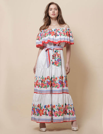 Ladies Off-Shoulder Floral Print Maxi Dress SKD51199