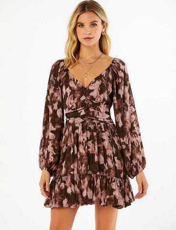 Women Chic V-Neck Print Waist Wrinkle Mini Dress