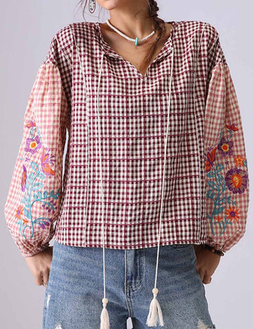 Ladies V-Neck Floral Embroidery Checked Drawstring Puff Sleeves Blouse