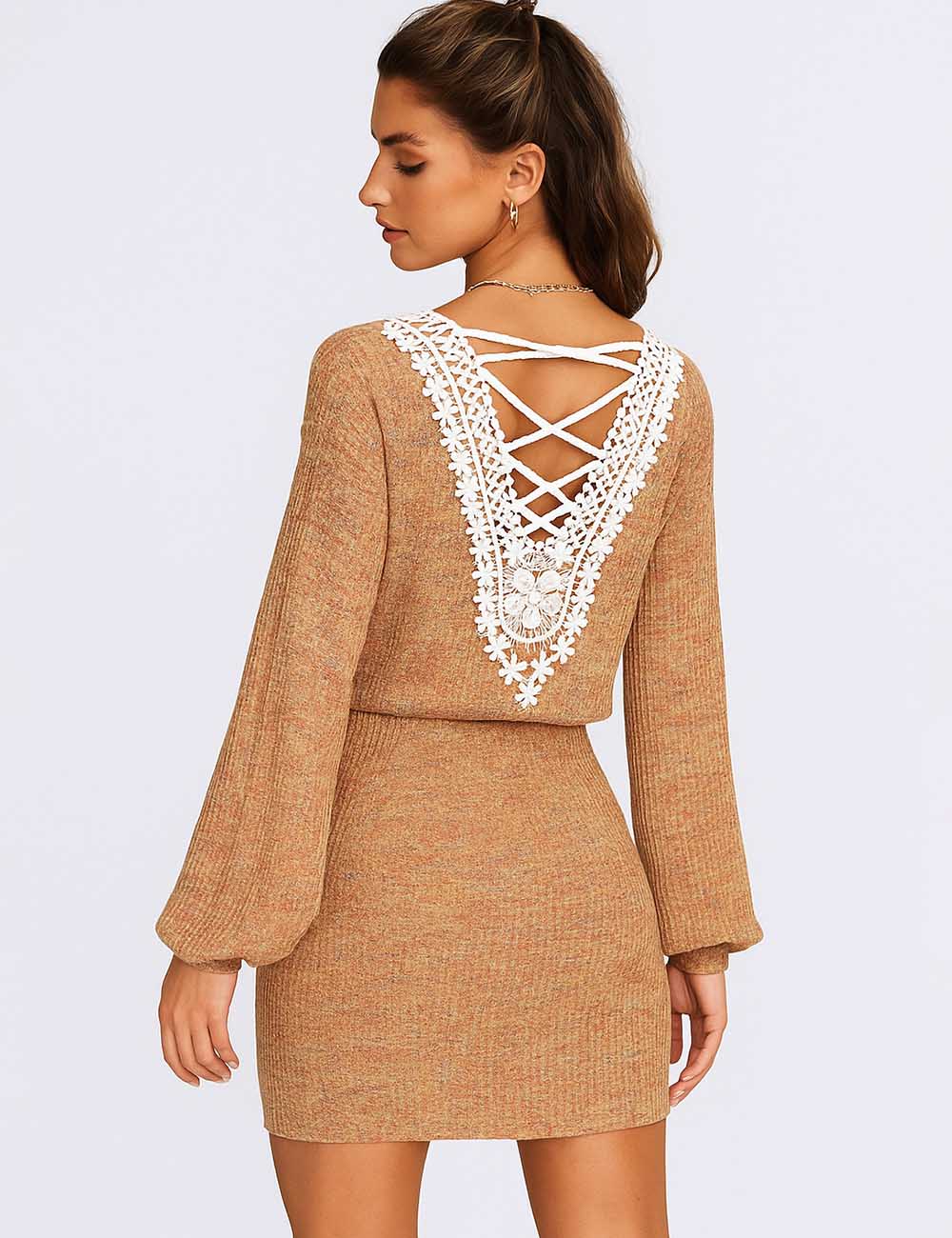 Ladies V-Neck Lace Back Crisscross Strap Knit Mini Dress