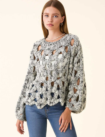 Ladies Marled Chunky Hollow Out Puff Sleeves Sweater
