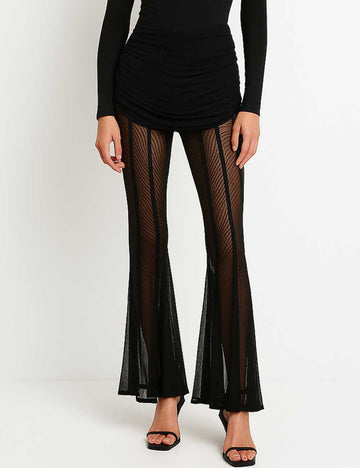 Women See Sheer Mesh Wrinkle Waist Flare Pants