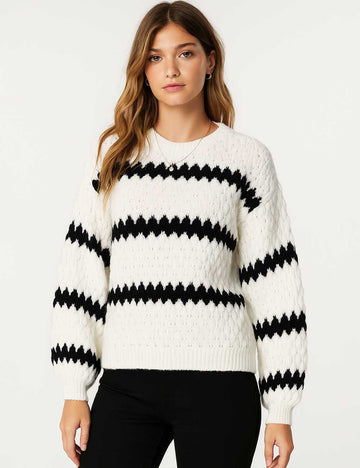 Ladies Color Block Cable Zigzag Striped Puff Sleeves Sweater Top