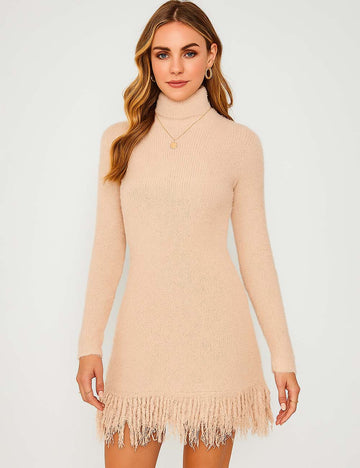 Ladies Solid Color Stand Collar Tassels Knit Mini Dress 9/29
