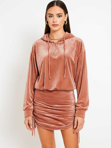 Ladies Velvert Rib Hoodie Top Mini Skirt 2PCS Set