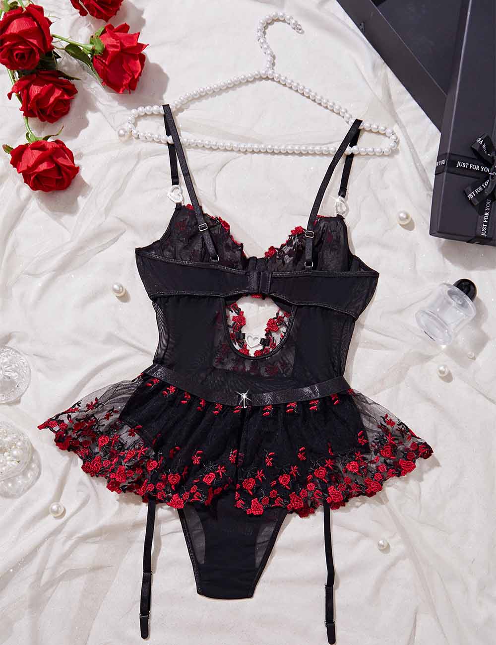 Ladies See Sheer Color Block Lace Embroidery Lingerie Teddy