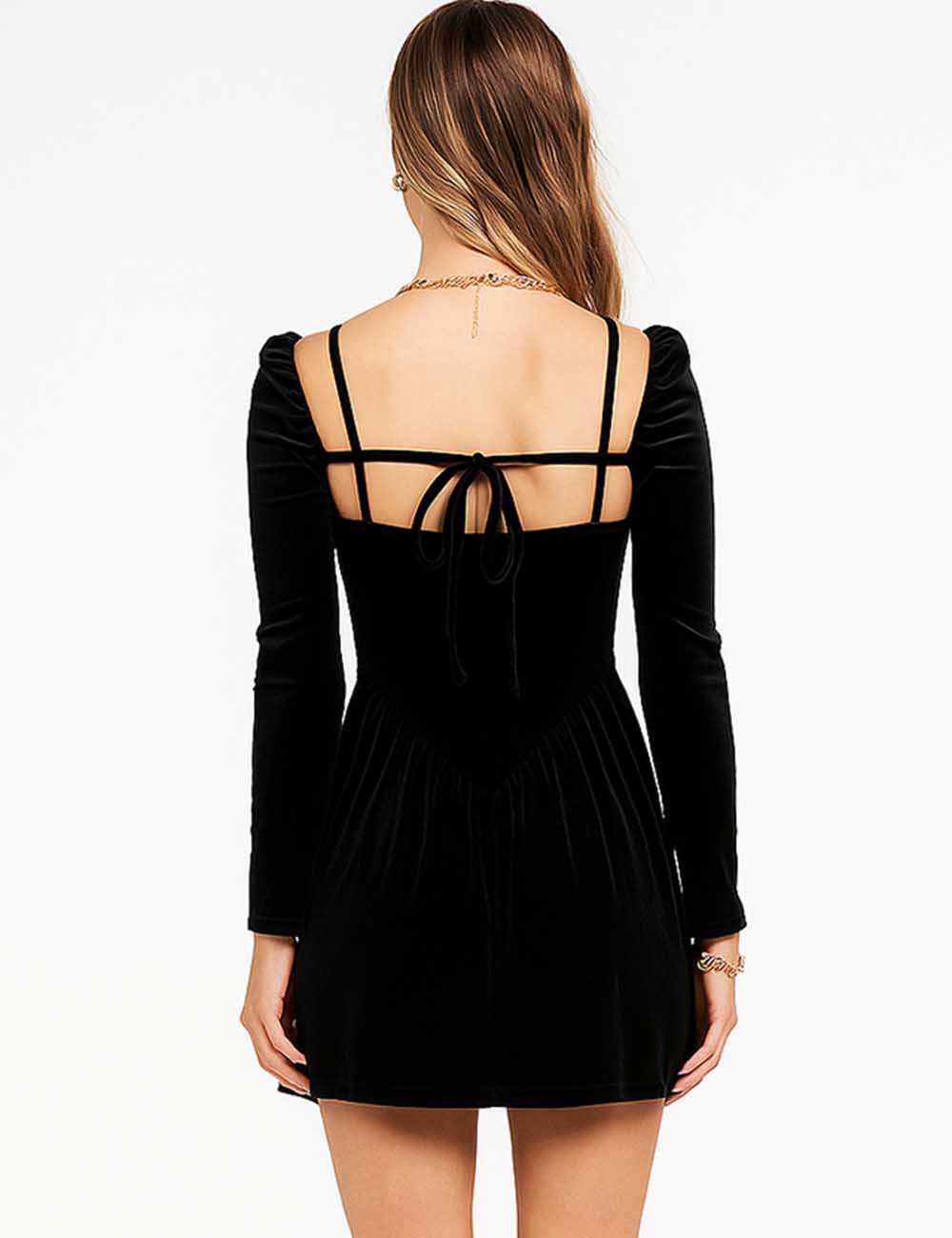 Ladies Velvet Sequin Square Neck Puff Sleeves Mini Dress