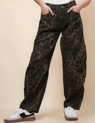 Ladie Mid Rise Leopard Denim Pants Barrel Jeans SKP41041