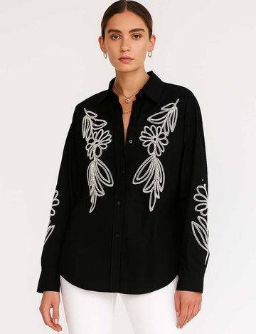 Women Color Block Flower Leaves Buttom Down Shirt