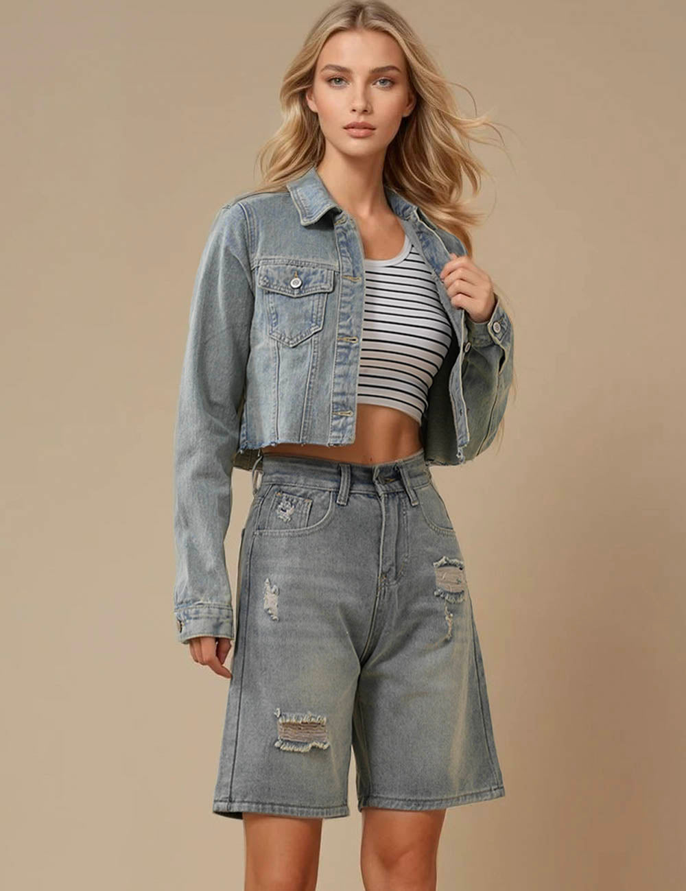 Ladies Destressed Button Denim Jacket Crop Jacket SKT3396