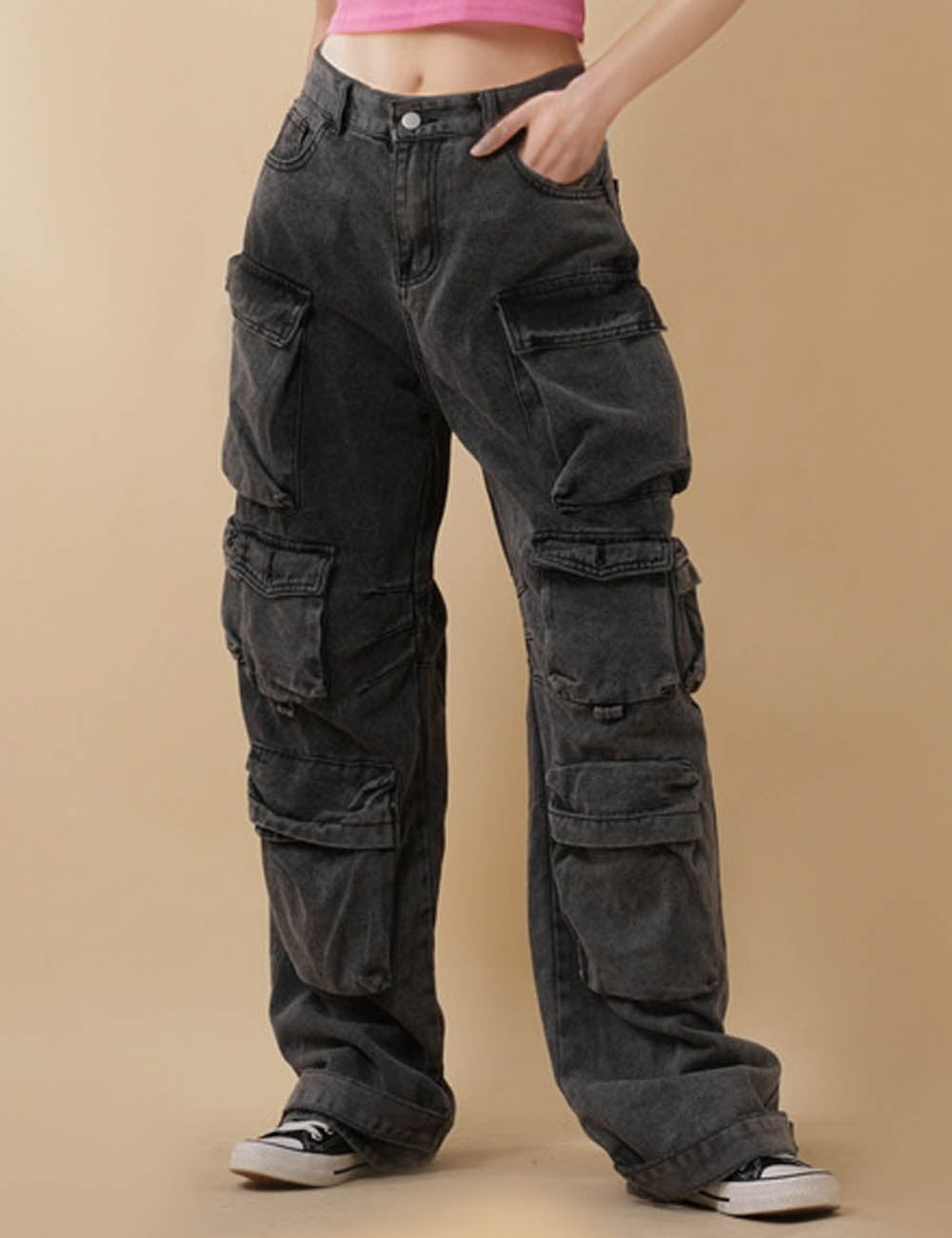 Ladies Cargo Jeans Wide Leg Denim Pants
